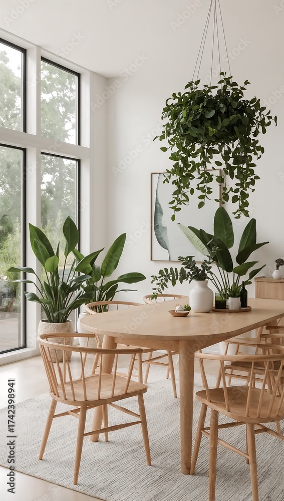Fototapeta premium Interior of modern dining room with wooden table and green plants in pots.