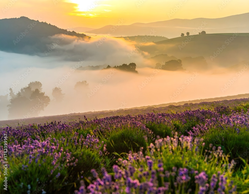 Obraz premium Golden morning light bathes a vibrant purple lavender field as mist settles in a tranquil, scenic valley at sunrise
