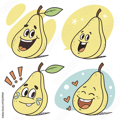 Cartoon pear with different emotions