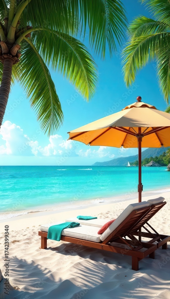 Fototapeta premium A tropical beach setting with lounge chairs, umbrella, towel, and palm trees, creating a relaxing summer vibe by the ocean , beach, peaceful