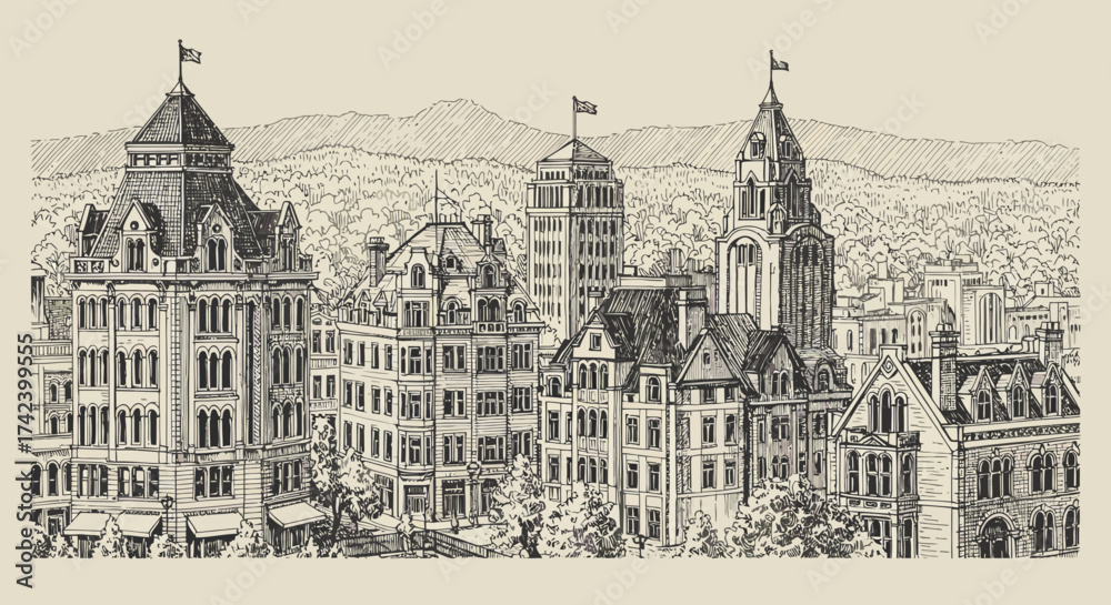 Obraz premium Detailed Pen and Ink Drawing of a Historic City Skyline with Mountains.