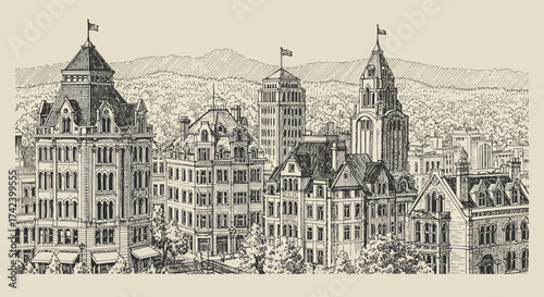 Detailed Pen and Ink Drawing of a Historic City Skyline with Mountains.
