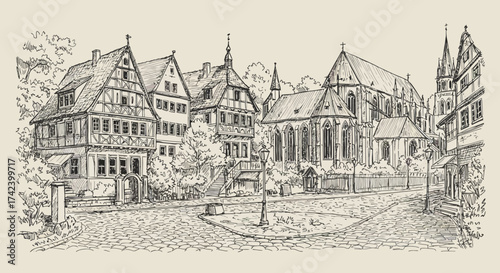Hand-Drawn Sketch of European Town with Timber-Framed Houses and Church.