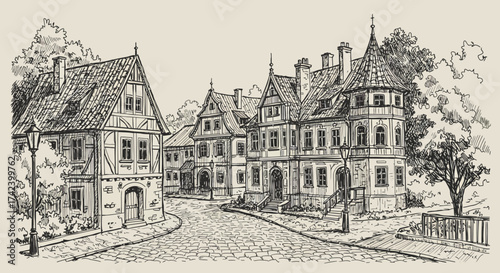 Hand-Drawn Illustration of a Quaint European Town Street with Historic Buildings.