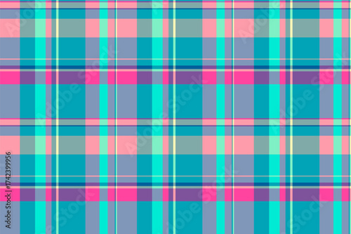 Colorful plaid pattern, intersecting lines create a geometric texture. Ideal for backgrounds, textiles, or digital design, offering a vibrant, modern aesthetic.