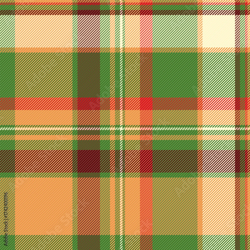 T-shirt tartan background check, trousers seamless pattern fabric. Relief textile plaid texture vector in green and orange colors.