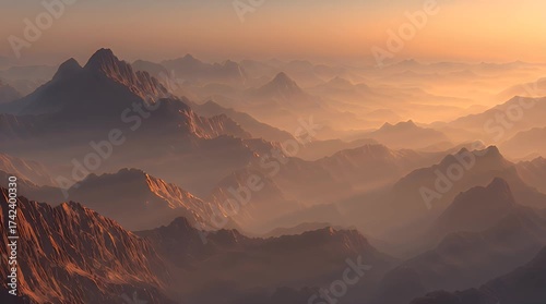 Breathtaking aerial view of a majestic mountain range at sunrise, where golden light pierces through a soft atmospheric mist, creating a serene and vast natural landscape