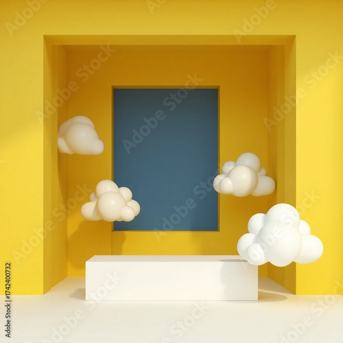 Abstract 3D Rendered Display Pedestal with Clouds
