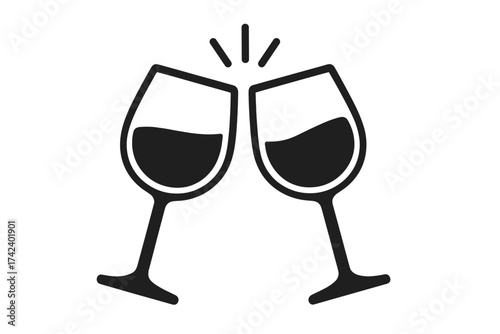 Two clinking wine glasses icon with red wine splash, cheers celebration vector illustration, transparent background, festive drinking symbol, party toast design