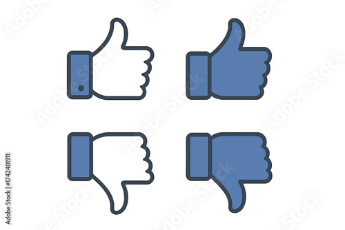 Vector Facebook Like and Dislike Icons Set, Thumbs Up and Thumbs Down Flat Symbols, Social Media Approval and Disapproval Signs, Transparent Background, Ordered Illustration Collection