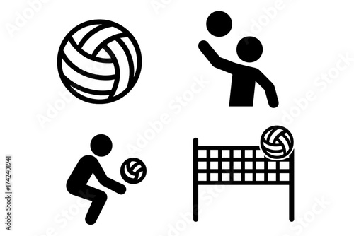 Volleyball sport icons set with ball, player actions, net, and competition concept. Vector illustration with transparent background for active play, tournament, and team sports