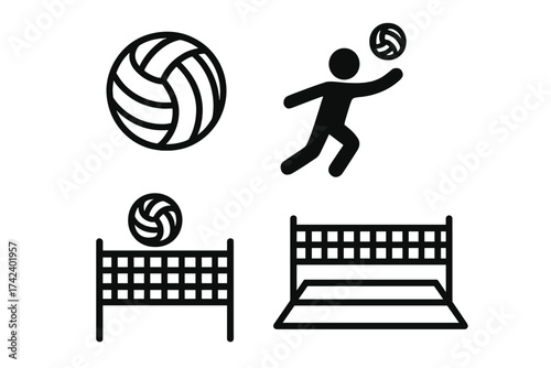 Volleyball sport icons set. Vector volleyball ball, net, player spike action, competition and tournament play symbols, black silhouettes on transparent background