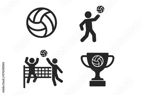 Volleyball sport icons set. Vector illustration of volleyball ball, player serving and attacking, game with net, and trophy cup with volleyball emblem, competition and tournament symbols