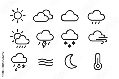 Weather icon set vector collection, climate symbols for forecasting, meteorology, sunny, cloudy, rain, thunderstorm, snow, wind, fog, moon, temperature, transparent background, organized icons