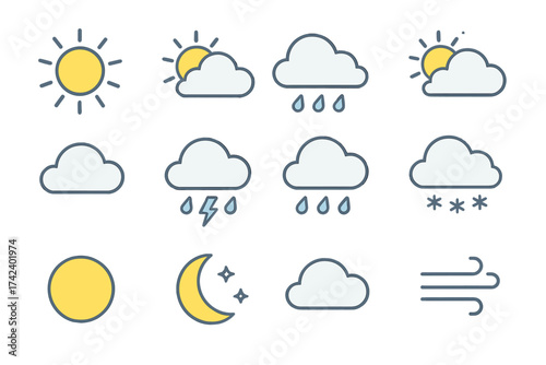 Weather icon set with climate symbols collection, vector illustration of sun, clouds, rain, thunderstorm, snow, moon, wind, transparent background, ordered weather forecast graphics