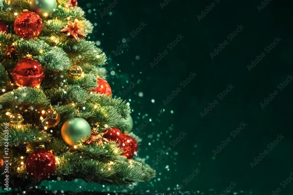 Naklejka premium Decorated with ornaments and lights Christmas tree on dark green background. Merry Christmas and Happy Holidays greeting card, frame, banner. New Year. Noel. Winter holiday theme.