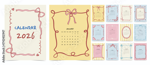 2026 table calendar week start on Sunday with coquette theme that use for horizontal digital and printable letter size