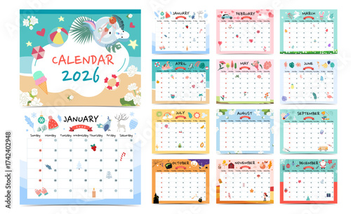 2026 table calendar week start on Sunday with holiday theme that use for horizontal digital and printable letter size