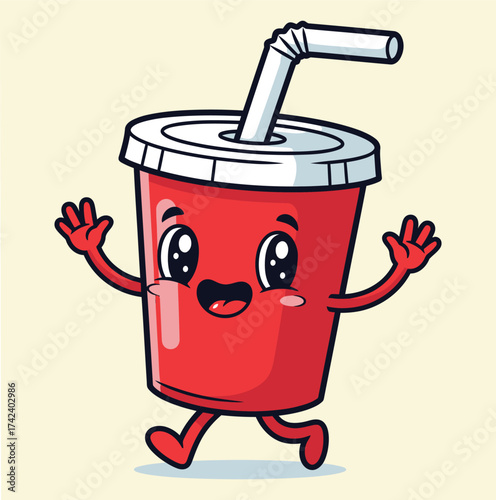 Cute cartoon red soda cup character with straw and happy face running joyfully isolated on white background