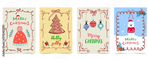 Cute kid pastel design with polar bear,bauble,cookie.vector illustration for Christmas party invitation card,postcard,print,scrapbook