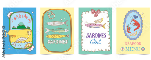 Vintage pastel canned sardine,shrimp on plate, seafood menu poster set in retro cartoon vector illustration style for summer party card