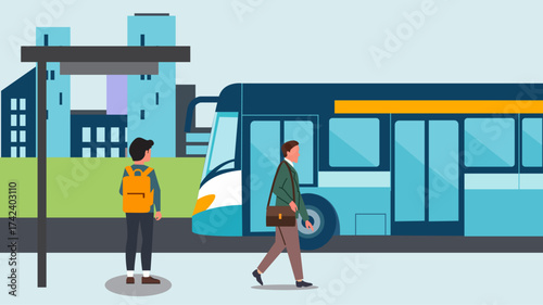 Vector illustration People waiting and walking near city bus at urban bus stop 