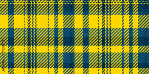 Classic tartan pattern in vibrant yellow and deep blue. Seamless texture ideal for fashion, backgrounds, textiles, and adding a touch of tradition to designs.