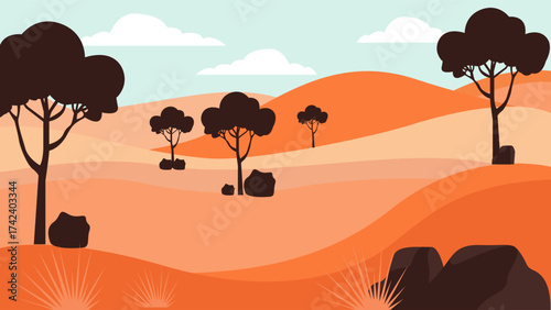 Vector illustration of a desert landscape with trees, rocks and orange sand dunes.