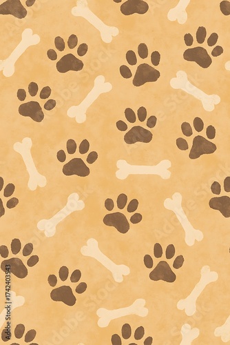 A seamless pattern of brown dog paw prints and cream-colored dog bones on a textured tan background.