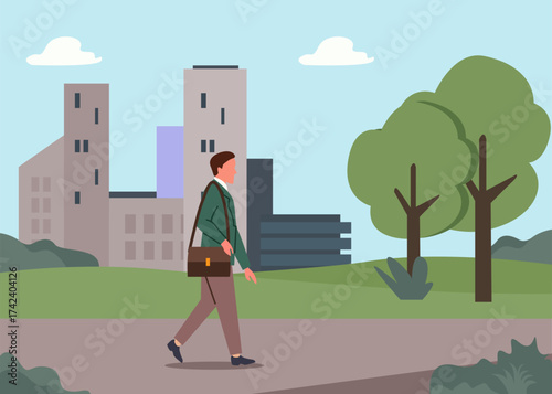 vector illustration of an office worker walking in a city park with buildings and trees in the background