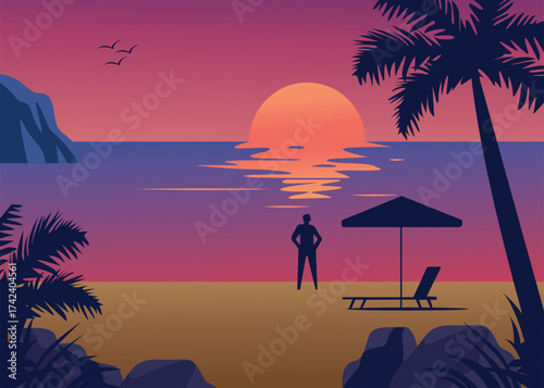 Vector illustration of Sunset on Tropical Beach with Silhouette of people and Palm Trees