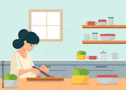 Vector illustration of a woman preparing healthy food in a modern kitchen.