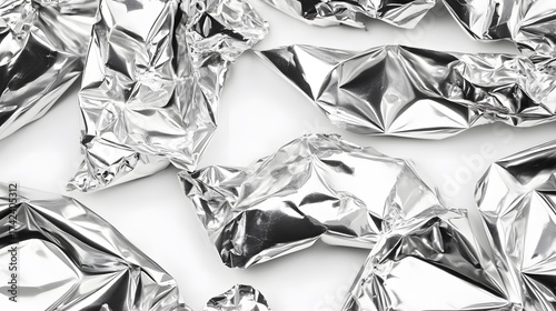 Crumpled silver foil wrapper on white backdrop for various creative projects