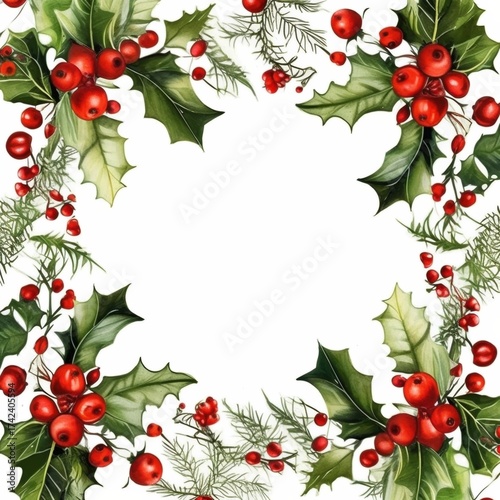 A vibrant holiday frame featuring lush green holly leaves and bright red berries.