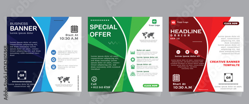 Social Media Post template, Business marketing and seminar webinar social media post, concept design. online marketing promotion banner. red green and red colours,