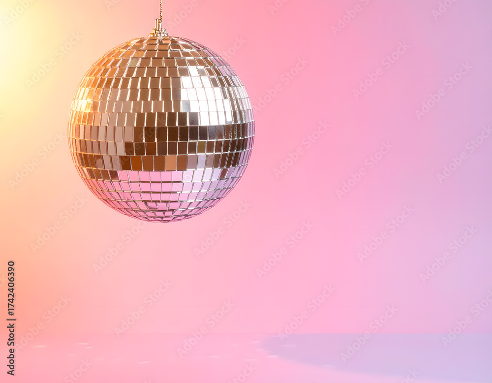 Obraz premium Shiny disco ball reflecting light on a pink gradient background