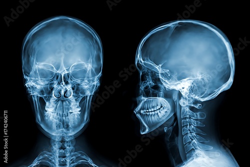 X-ray images of a human skull from the front and side views, showing bone structure and anatomy.