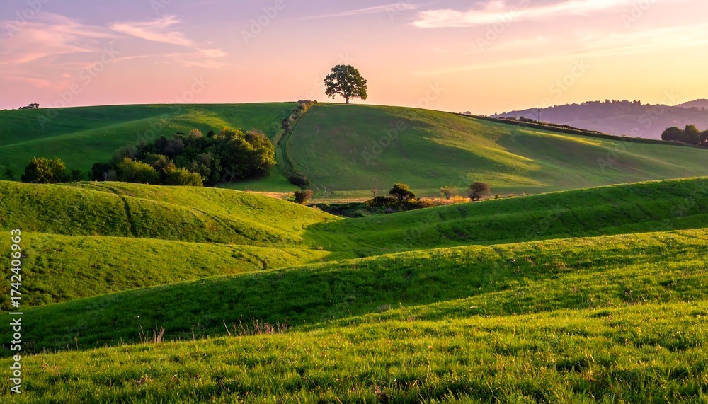 Fototapeta premium Rolling Green Hills of Tuscany at Sunset - A Serene Landscape.
