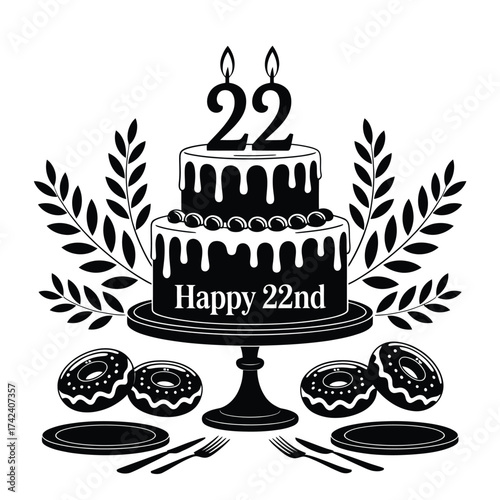 Happy 22nd birthday cake with doughnuts and laurel branches