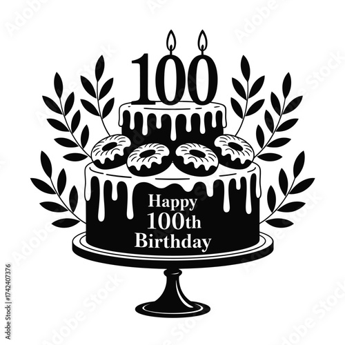 Elegant black and white hundredth birthday cake with laurel wreath