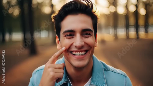 Joyful Man Laughing Outdoors in Golden Light - A Portrait of Happiness.