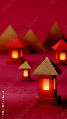 Small lantern-shaped houses with illuminated windows are arranged on a textured red surface. Pyramidal shapes in the background add depth to the warm, festive scene.