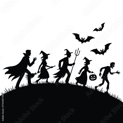 Halloween silhouette of costumed children trick or treating with bats flying