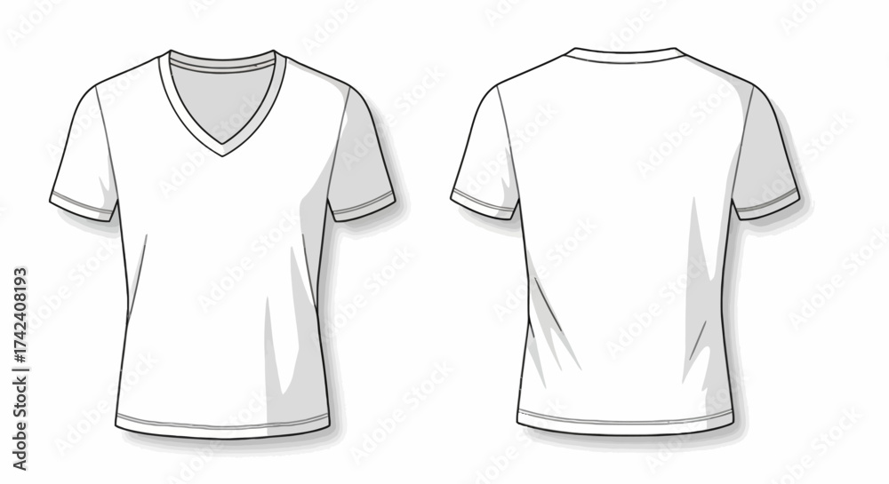 Fototapeta premium White Vneck Tshirt mockup front back views isolated on white with subtle shadows