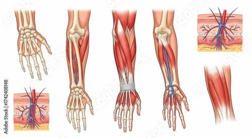 Anatomical illustrations depict bones muscles and vascular systems of the human hand and forearm