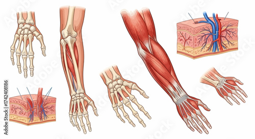 Anatomical illustrations depict bones muscles and vascular systems of the human hand and forearm