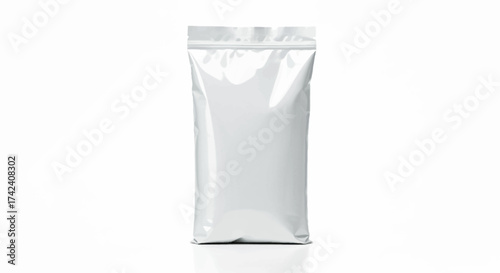 White square shiny and sealed packaging bag on a white surface suggesting a product container