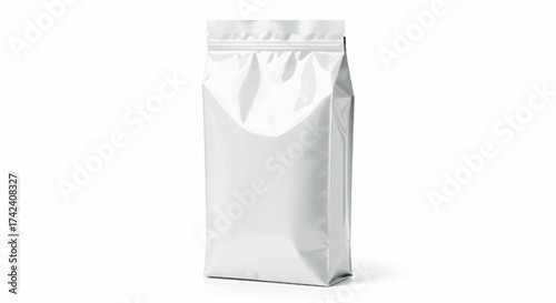 White square shiny and sealed packaging bag on a white surface suggesting a product container