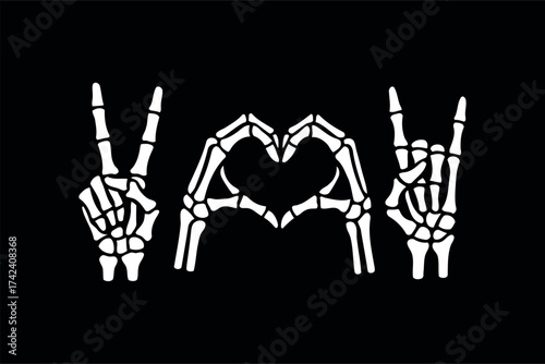 Skeleton Hand Gesture Set — Rock Sign, Peace Sign, and Heart Shape Bones in White on Black Vector for T-Shirt and Poster Design