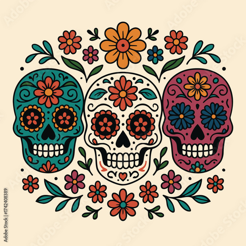 Day of the Dead Sugar Skulls — Colorful Decorative Mexican Skulls with Flowers and Ornaments Vector Illustration